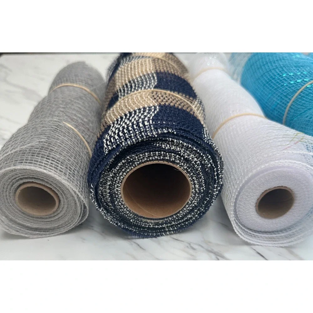 Lot of 6 Used Deco Mesh Rolls 10 in x 30 in Blue Gray Plaid White